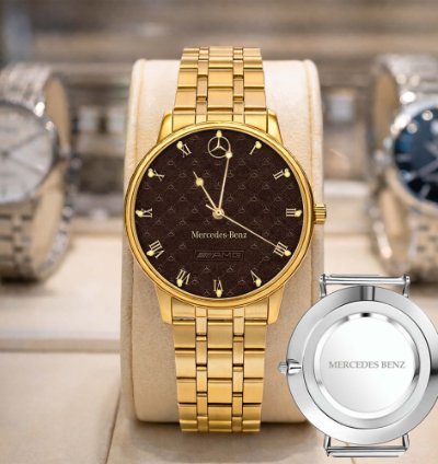 Mercedes Benz Sport Car Mens Watch Brake Caliper Dial Gold Metal Strap