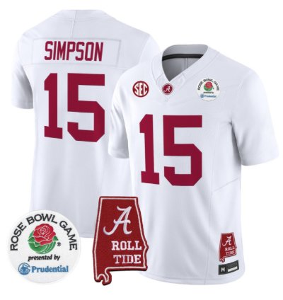 Ty Simpson Jersey 15 Alabama Crimson Tide 2026 Rose Bowl Patch Stitched White