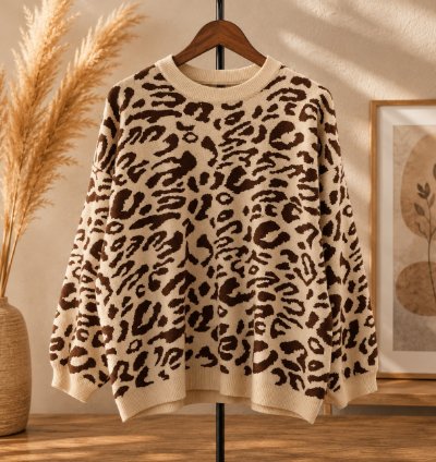 Womens Oversized Leopard Knit Sweater Mocca Super Soft Premium Crewneck Pullover Cozy Thick Lightweight Jumper For Fa