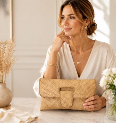 Handwoven Pandan Clutch Bag Natural Woven Evening Purse Eco Friendly Straw Handbag