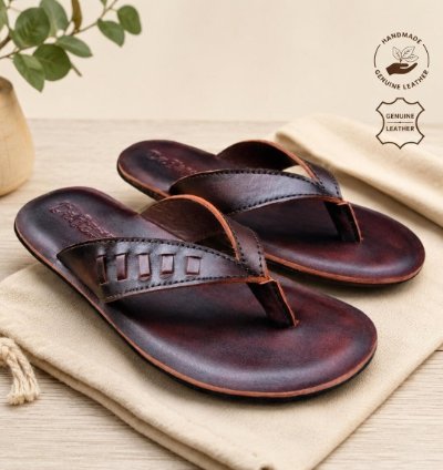 Mens Handmade Genuine Leather Flip Flops Casual Dark Brown Sandals
