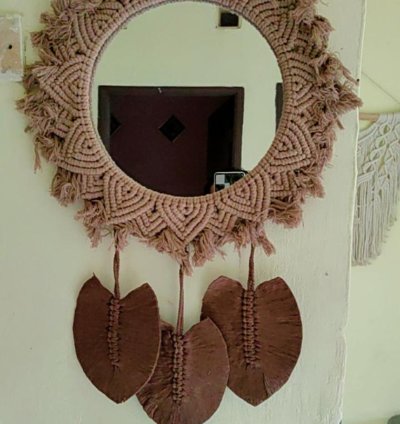 Jumbo Macrame Mirror Wall Decor Boho Leaf Accents Handmade Hanging Art