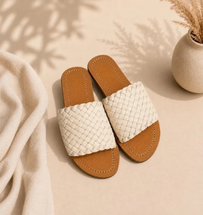 Handmade Bali Leather Slide Sandals Minimalist Boho Summer Flats In White